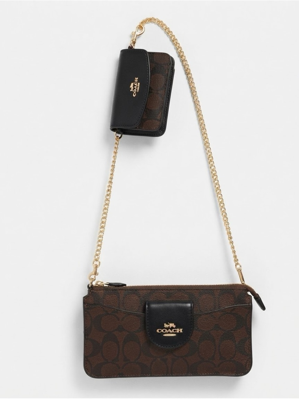 Coach Brown & Black Signature Canvas Crossbody with Gold Chain